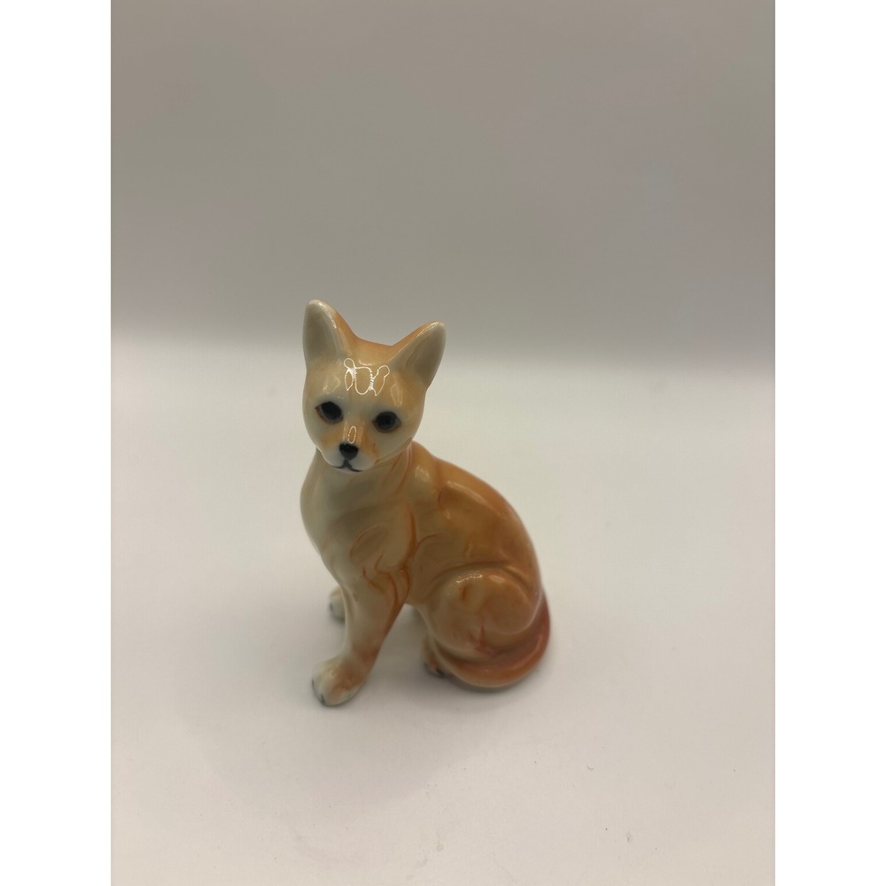 Vintage Miniature Porcelain Cat Figurine Orange Ginger Tabby Glossy Glaze 3 Inch